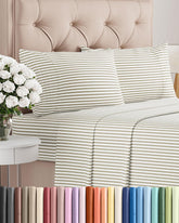 CGK Unlimited front packaging showing beige striped queen sheet set and easy styling benefit