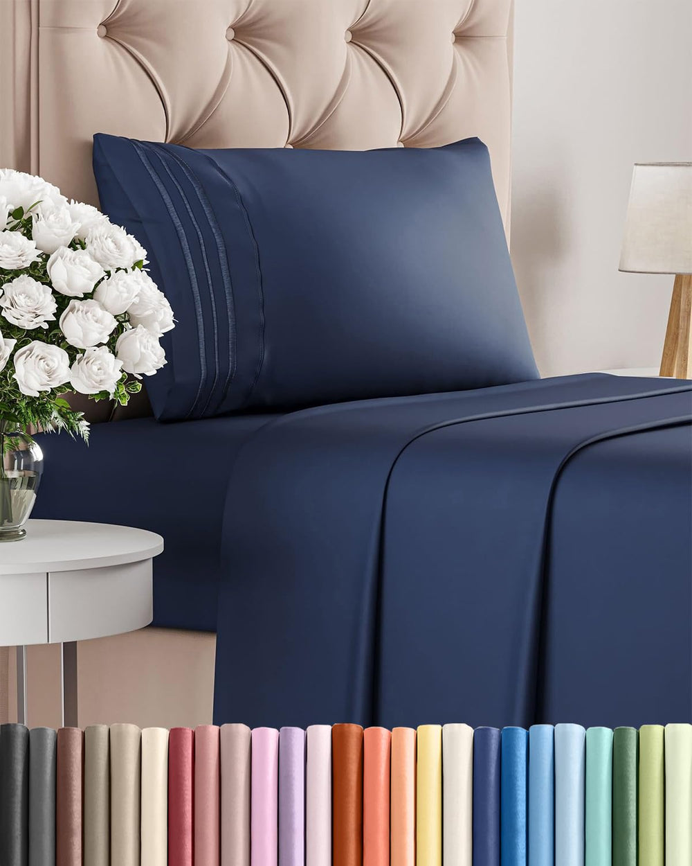 CGK Unlimited front packaging showing navy blue twin sheet set and value