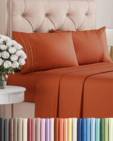CGK Unlimited front packaging view showing terracotta queen sheet set, clear labeling and color