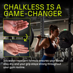 Chalkless user gripping barbell demonstrating improved lift stability