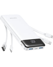 charmast vista frontal del power bank con acabado delgado y elegante mostrando beneficios de portabilidad