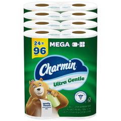 Charmin embalaje frontal mostrando mega rollos y beneficio de duración