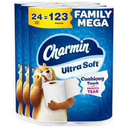 Charmin empaque frontal 24 Family Mega mostrando ahorro y conveniencia