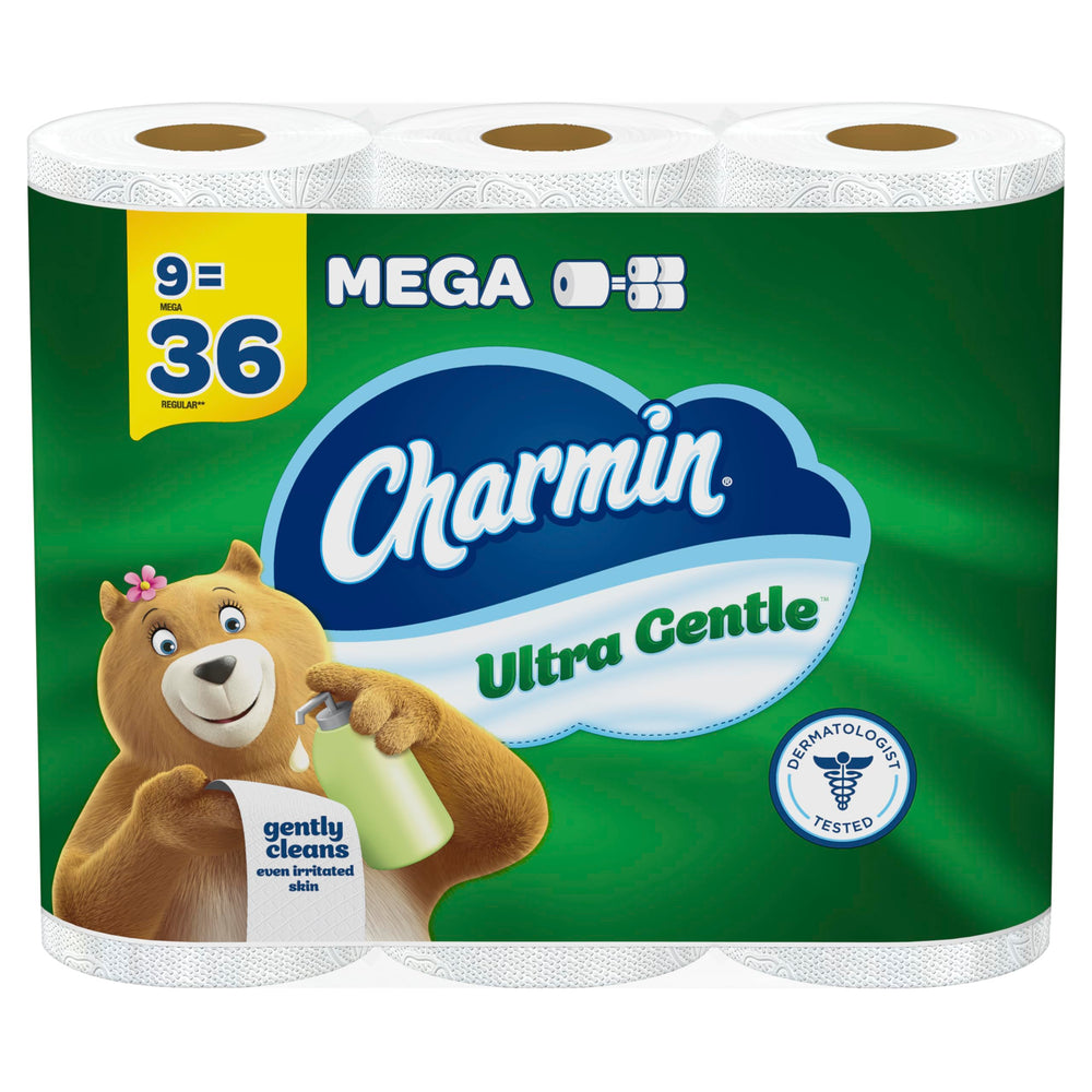 Charmin Ultra Gentle vista frontal del paquete mostrando 9 mega rollos y beneficios