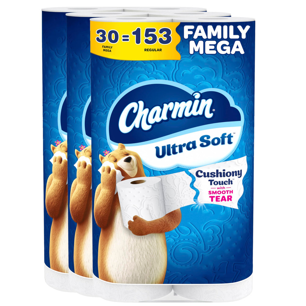 Charmin empaquetado frontal mostrando 30 Family Mega y beneficio de gran ahorro