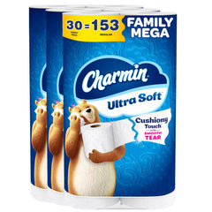 Charmin empaquetado frontal mostrando 30 Family Mega y beneficio de gran ahorro