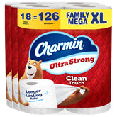 Charmin front pack showing 18 Family Mega XL rolls and bulk value