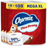 Charmin front packaging showing 18 Mega XL rolls and bulk savings benefit