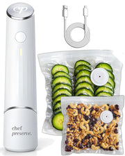 Chef Preserve front view showing compact handheld sealer and starter bags benefit portability