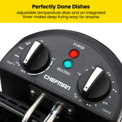 Chefman basket closeup clipped to side draining oil for mess-free serving