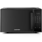 Chefman front view countertop microwave showing sleek black design and fast heating benefit
