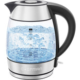 Chefman front view glass kettle showing modern design and quick boiling