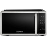 Chefman stainless compact microwave front view showing space-saving benefit