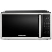Chefman stainless compact microwave front view showing space-saving benefit