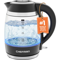 Chefman vista frontal del hervidor mostrando capacidad y acabado elegante