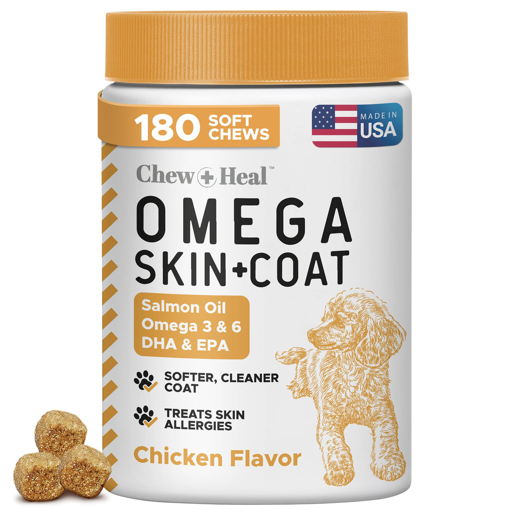 Chew + Heal Labs envase frontal mostrando 180 masticables y beneficios
