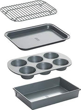 Chicago Metallic front packaging showing full four-piece toaster oven set and convenience