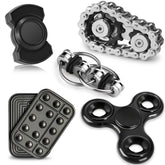 Chilvil frontal del pack de fidgets metálicos mostrando todos los accesorios y su durabilidad