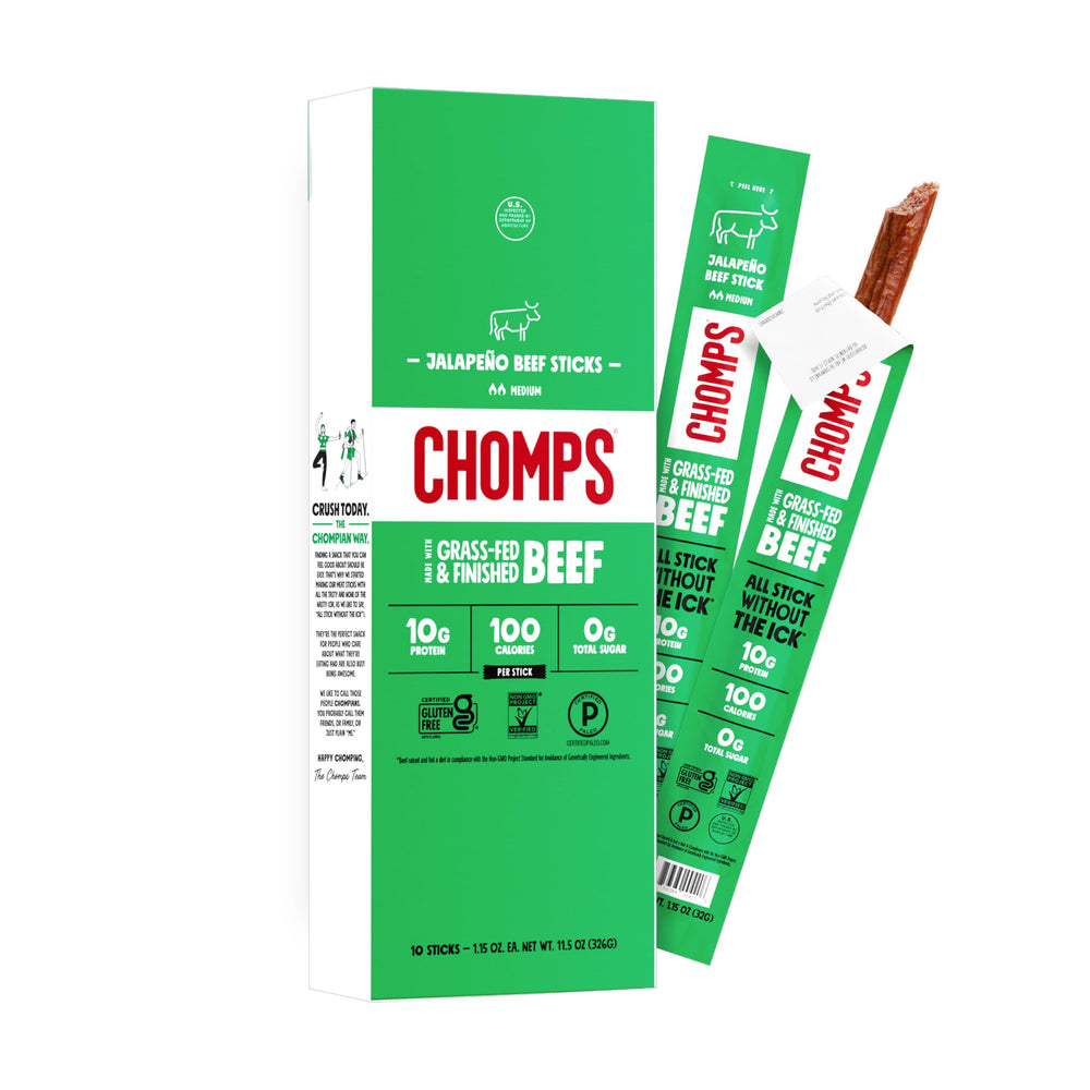 Chomps front packaging showing product and benefits