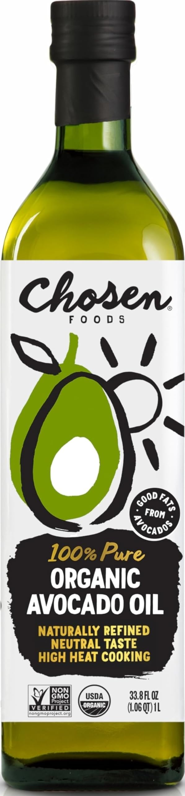 Chosen Foods botella frontal mostrando etiqueta orgánica y pureza