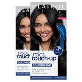 Clairol Root Touch-Up frente del paquete mostrando color 2 Black y beneficios