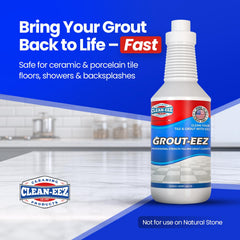 Clean-eez Grout-eez etiqueta con instrucciones claras y beneficios de limpieza