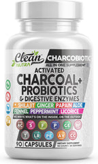 Clean Nutraceuticals frasco frontal CharcoBiotic mostrando 90 cápsulas y beneficios