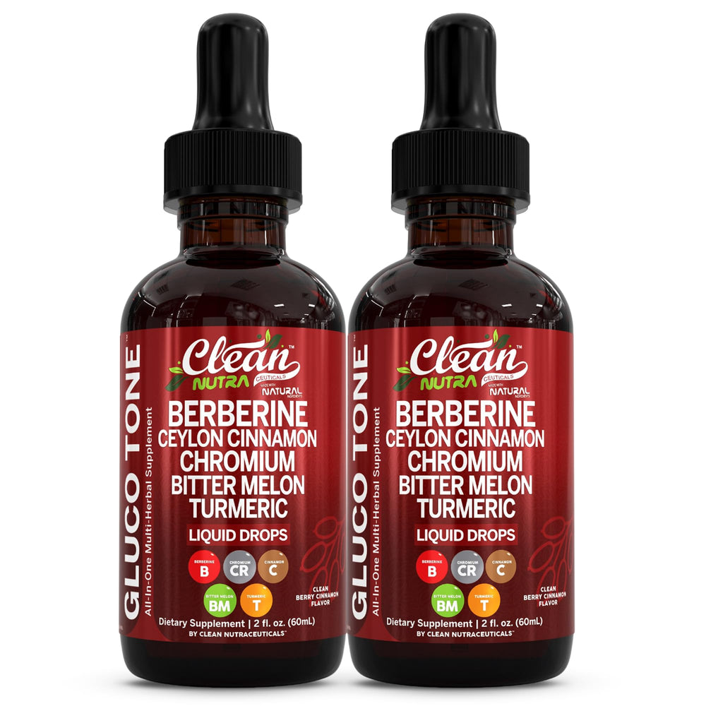 Clean Nutraceuticals Gluco Tone front label showing organic ingredients and benefits
