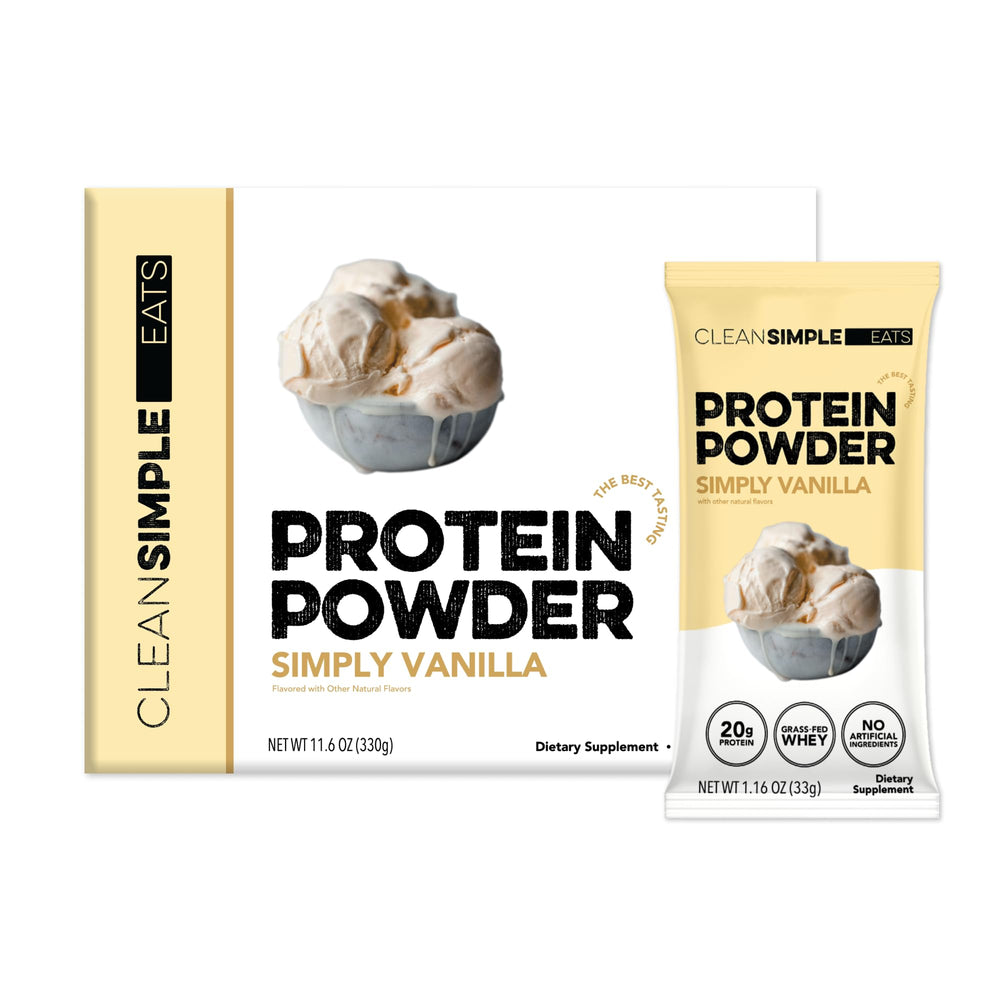 Clean Simple Eats frente del empaque mostrando 10 stick packs y conveniencia