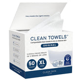 CLEAN SKIN CLUB vista frontal del paquete mostrando 50 toallas, higiene inmediata