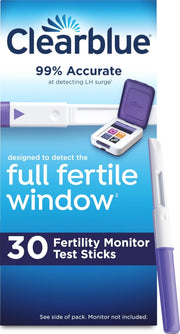Clearblue empaque frontal mostrando 30 tiras, organiza seguimiento fácil