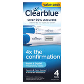 Clearblue frontal del empaque mostrando las cuatro pruebas y ahorro