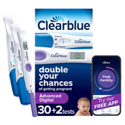 Clearblue embalaje frontal mostrando 32 unidades y beneficio de planificación