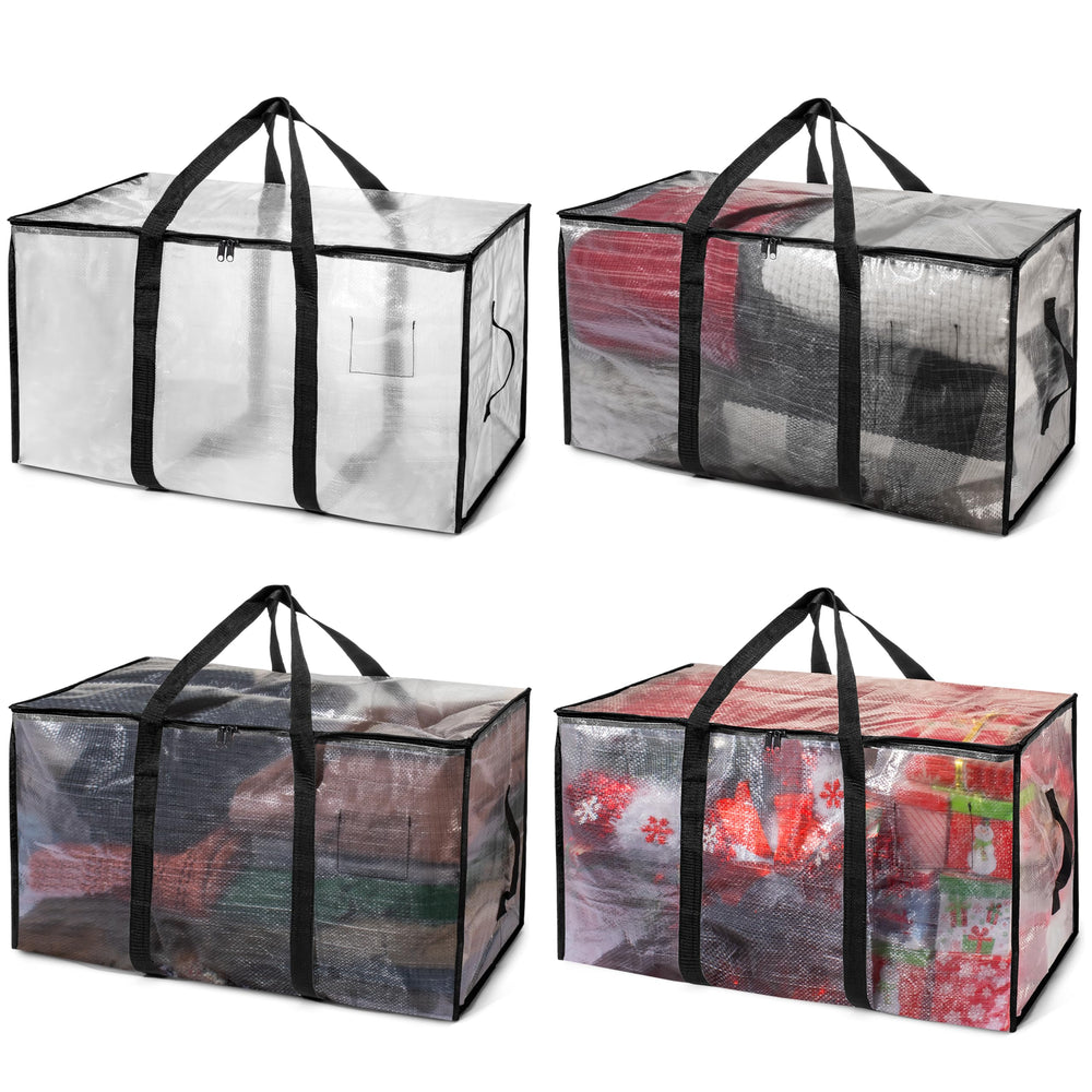 ClearSpace front view of four clear moving bags showing size and lid for quick identification and protection