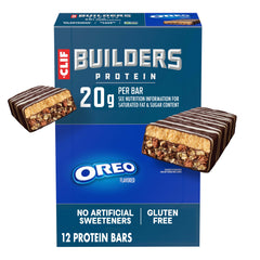 CLIF BUILDERS empaque frontal mostrando sabor OREO y beneficios