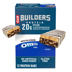 CLIF BUILDERS empaque frontal mostrando sabor White Fudge OREO y beneficios