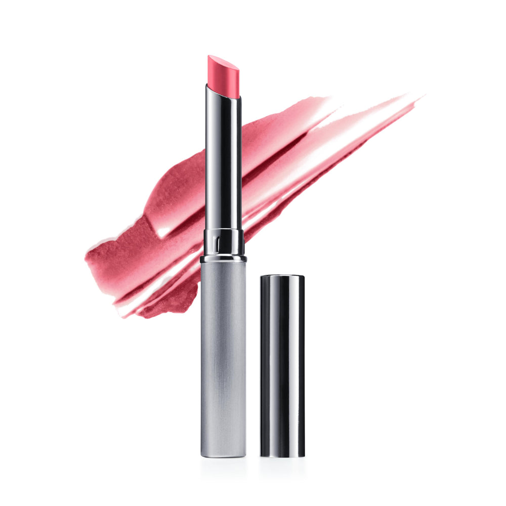 Clinique Almost Lipstick packaging frontal mostrando diseño y beneficio de brillo