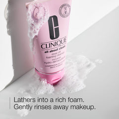 Clinique pump and creamy texture close-up illustrating mousse conversion