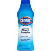 Clorox envase frontal del polvo blanqueador muestra tamaño y marca, uso eficiente
