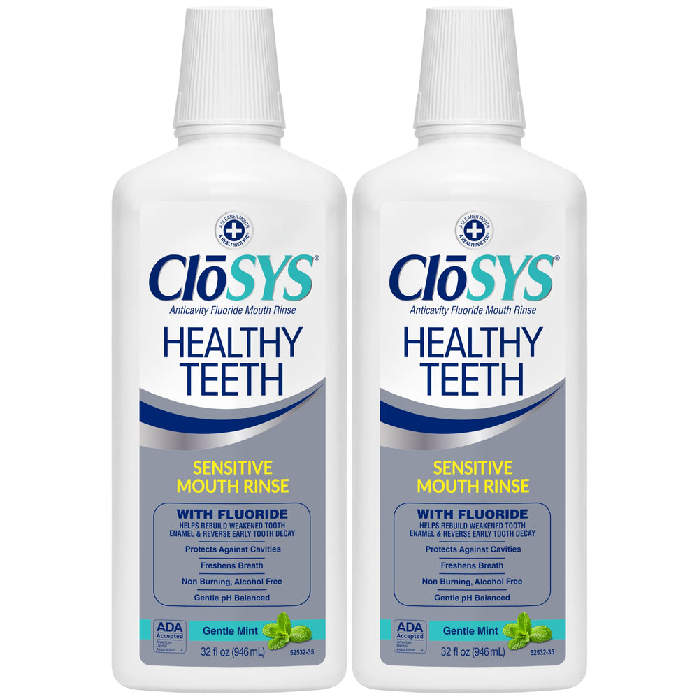CloSYS botella frontal 32 oz mostrando diseño y ventaja de fortalecimiento