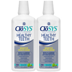 CloSYS botella frontal 32 oz mostrando diseño y ventaja de fortalecimiento