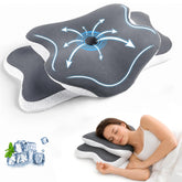 CloudNook front view of grey pillow showing ergonomic contour and immediate comfort
