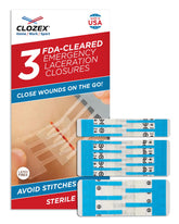 Clozex front packaging showing three sterile closures and benefits