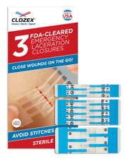 Clozex front packaging showing three sterile closures and benefits