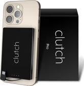 Clutch front view showing slim black finish and compact form, brand convenience