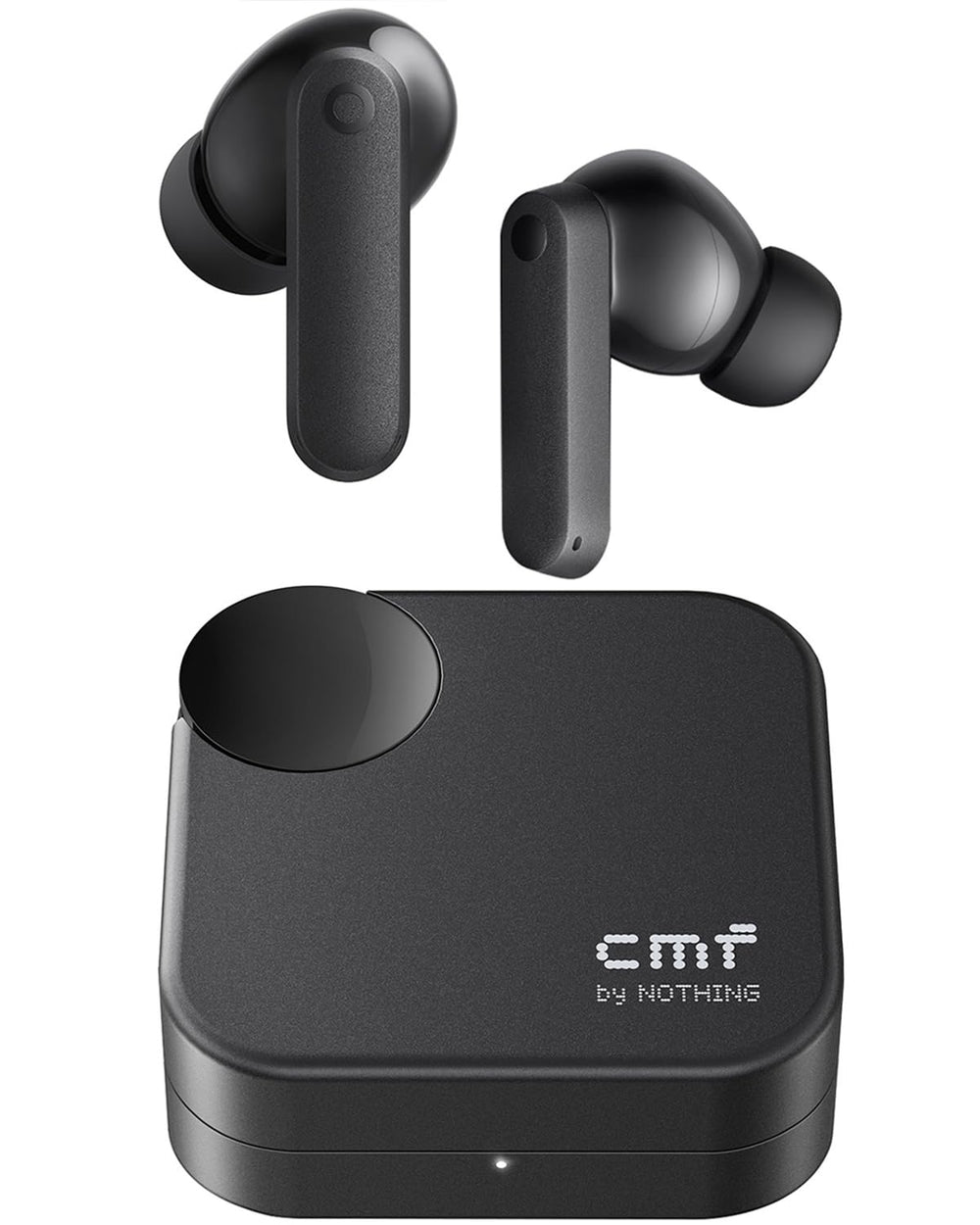 CMF BY NOTHING vista frontal del auricular y caja, diseño elegante y compacto