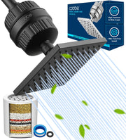 Cobbe front view shower head showing filter housing and durable finish benefit: cleaner water