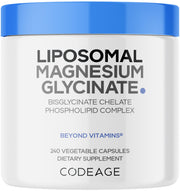 Codeage envase frontal de Liposomal Magnesium Glycinate mostrando etiqueta clara y beneficios