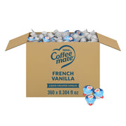Coffee Mate front packaging showing 360-count French Vanilla tubs and clear branding benefit convenience