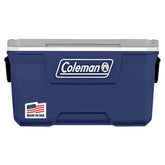 Coleman front view of 70-quart cooler showing durable shell and secure lid benefit portability
